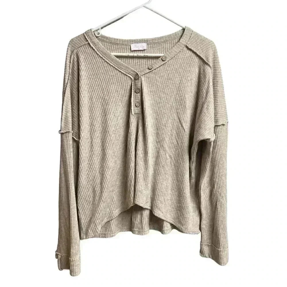 Pink Lily Beige Oversized Pullover Top Medium